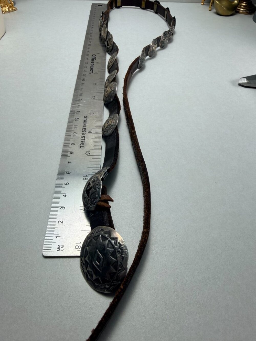 Vintage Native American Sterling Concho Belt Signed Hand Stamped Leather Long - Picture 14 of 16